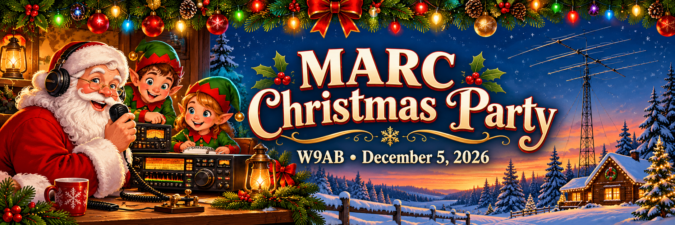 MARC Christmas Party — W9AB — December 5, 2026; Santa and elves operating a ham radio station