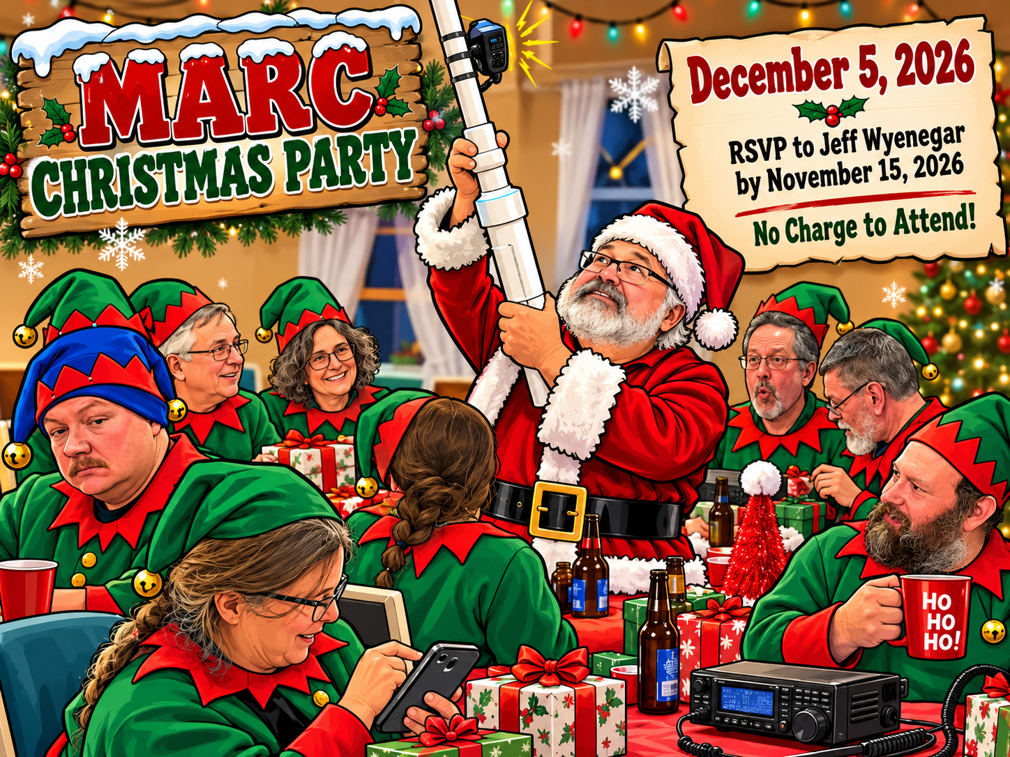 Cartoon Christmas illustration of Jeff as Santa and fellow MARC members as elves